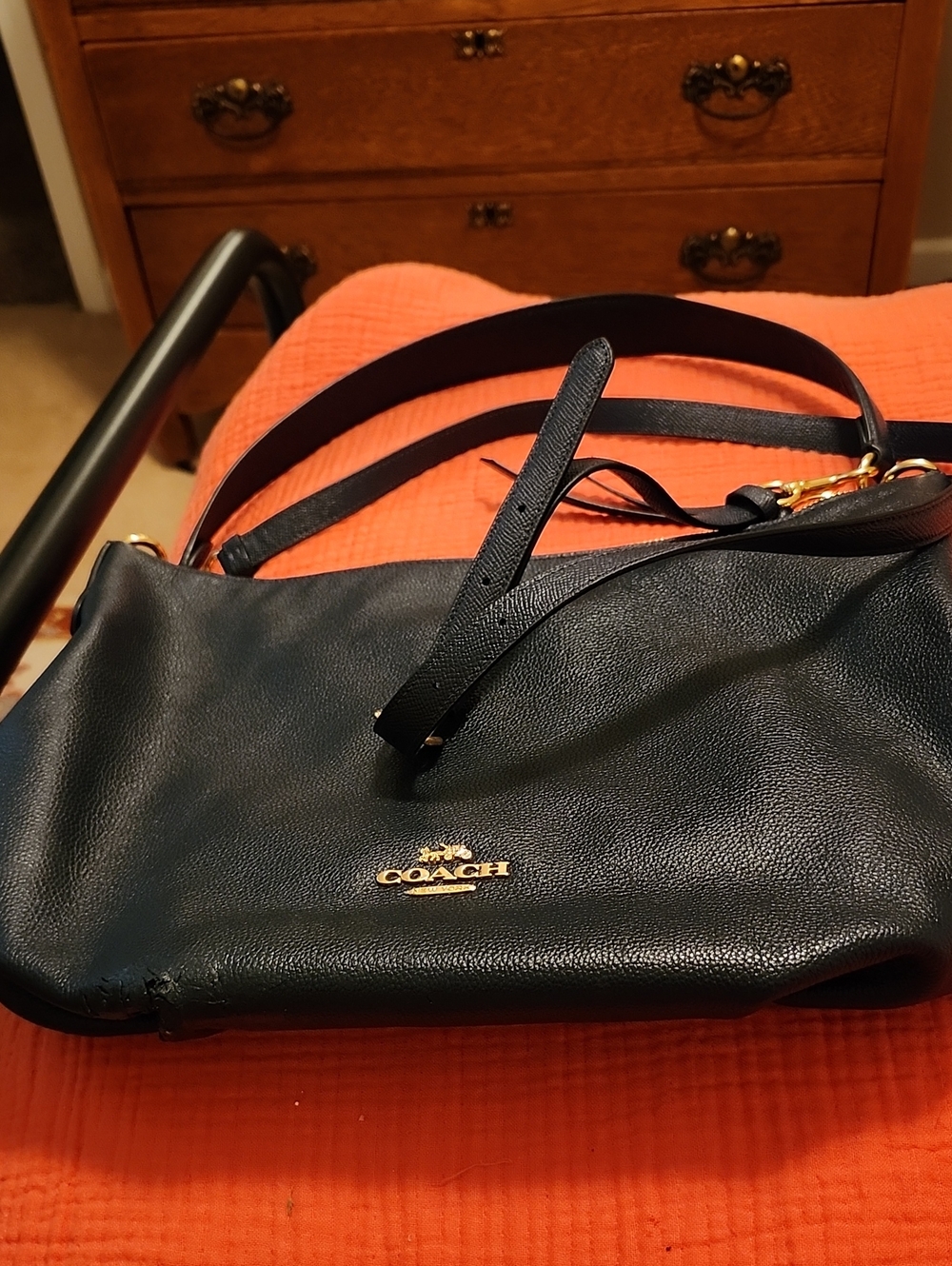 Coach Navy Blue Leather Shoulder Bag with Gold Logo